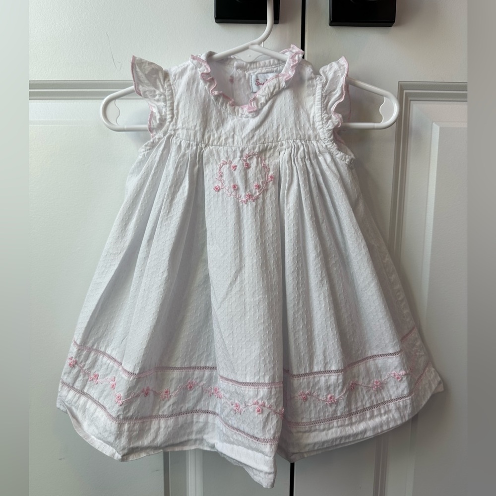 Sophie & Lucas White and Pink Embroidered Heart Dress (Size 6 Months)